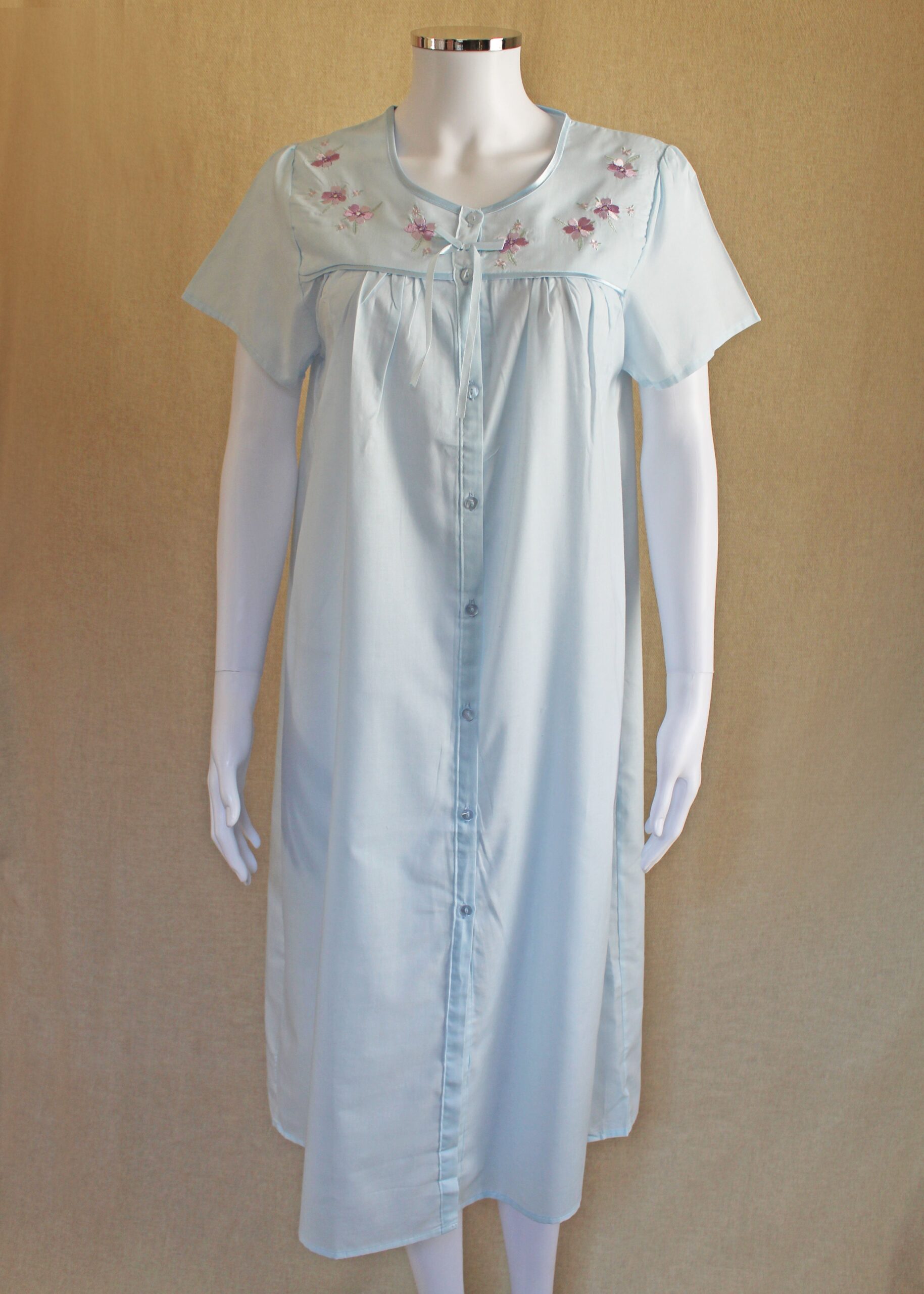 Women's Short Sleeve Embroidered Polycotton Front Button Nightie - Clara