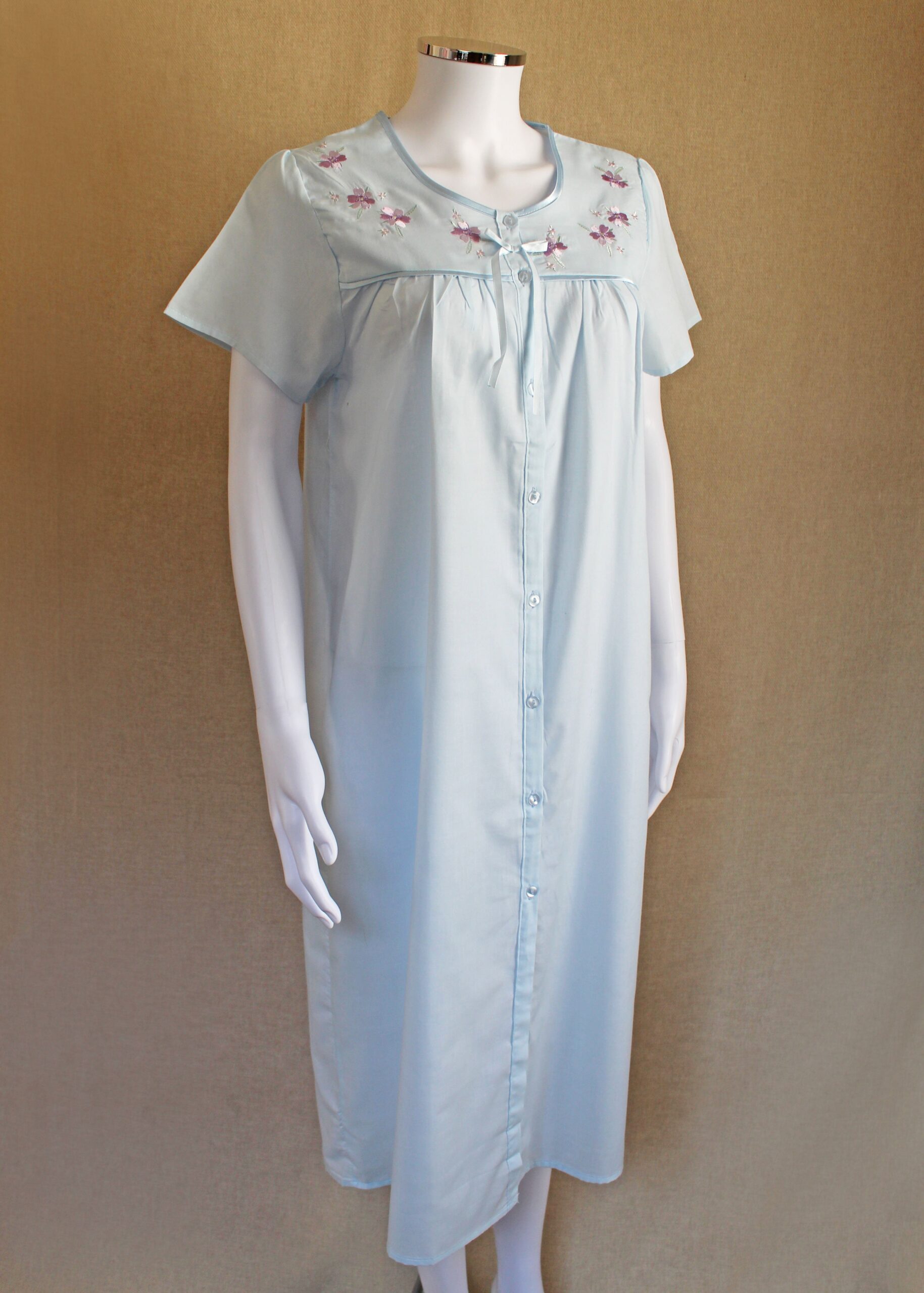 Women's Short Sleeve Embroidered Polycotton Front Button Nightie - Clara